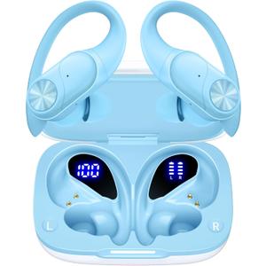 PocBuds Bluetooth Headphones Wireless Earbuds 80hrs Playtime Wireless Charging Case Digital Display Sports Ear Buds with Earhook Deep Bass IPX7 Waterproof Over-Ear Earphones for TV Phone Laptop Blue