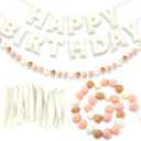 Mindsoft 2 Pcs 118 Inch Pre Strung Happy Birthday Felt Banner with Ball Garland Reusable Natural Handmade Letters & Balls for Birthday Sign Decorations Party Decor Photo Prop(Bohemia Color)