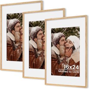 Axeman 16x24 Natural Solid Oak Wood Picture Frame with 12x18 Mat, Premium Rustic Wooden Photo Frames with Tempered Glass, Poster Photo Frame for Gallery Wall Hanging, 3 Packs