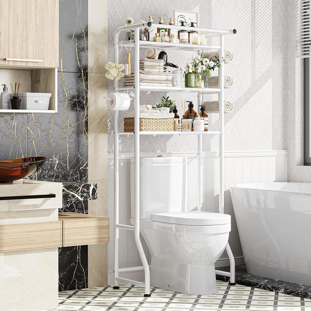 Simple Trending 3 Tier Over The Toilet Storage Rack, Metal Bathroom Shelf, Bathroom Stand Organizer Space Saver with Paper Holder and Hooks, White