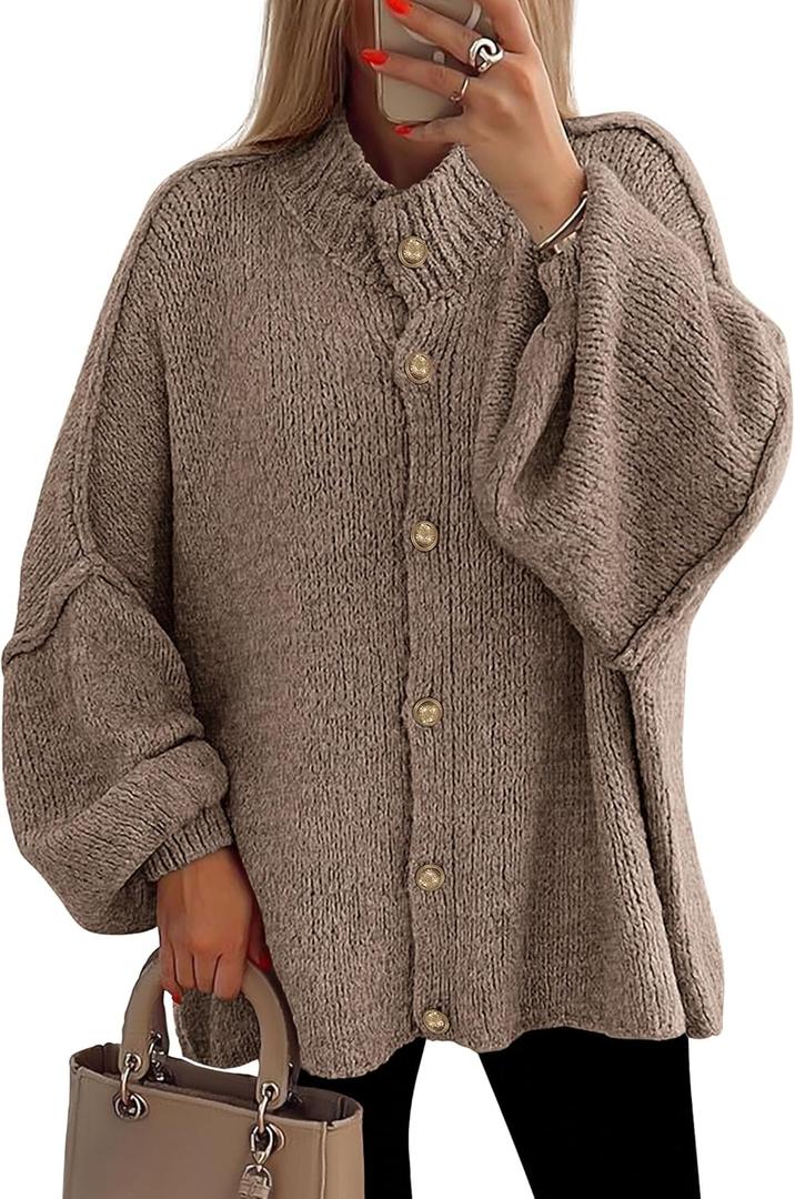 PRETTYGARDEN Women's Winter Button Down Cardigan Sweaters Mock Neck Lantern Long Sleeve Chunky Knit Jacket Trendy Outerwear (Camel, Small)