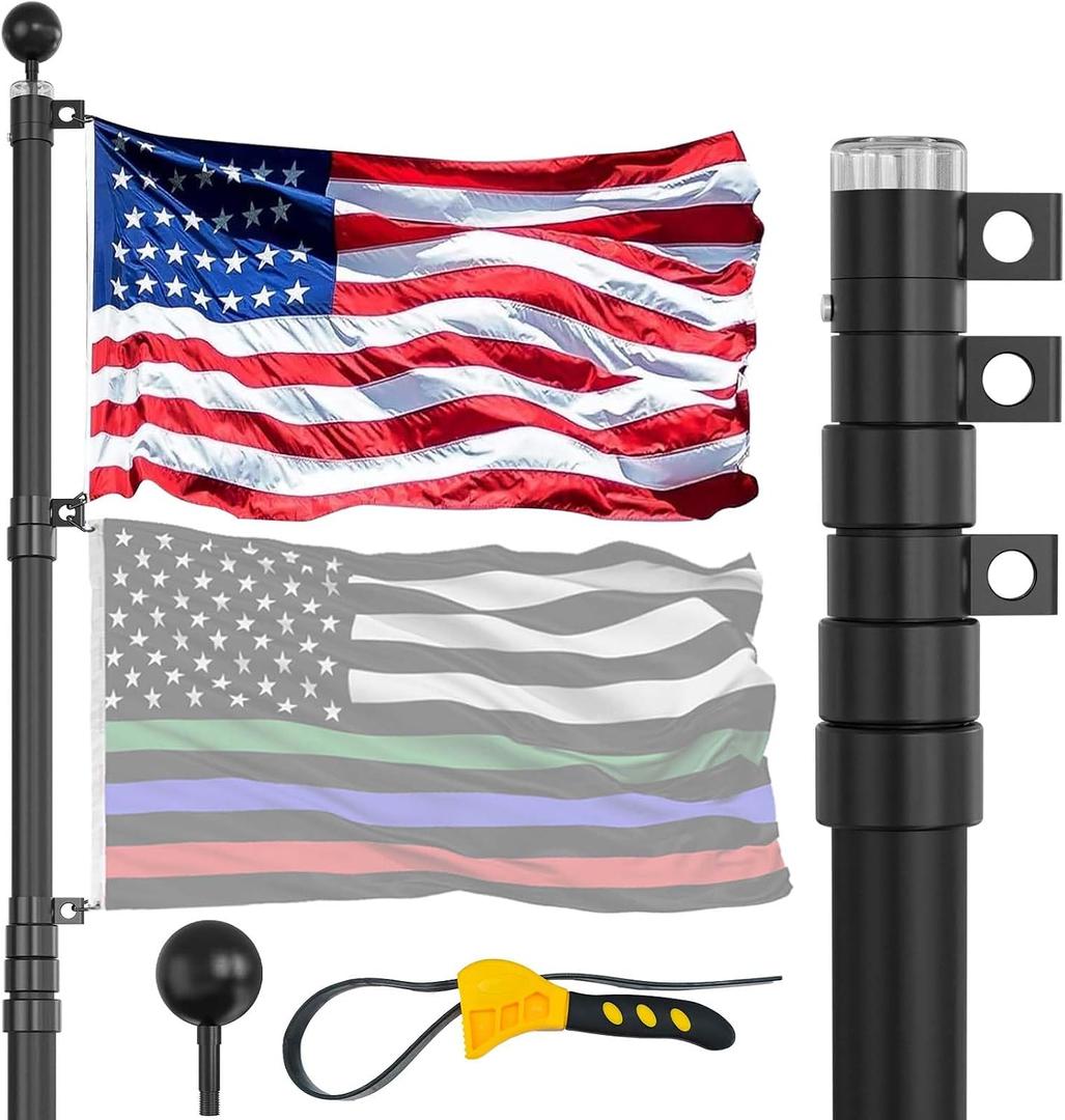 30FT Telescoping Flag Pole for Outside House, Extra Thick Telescopic Flagpole with USA Flag, Inground Outdoor Use, Camper RV, Residential & Commercial, Complete Hardware & Top Ball (Black)