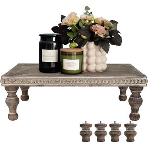 MAONAME Wood Display Risers Decorative Tray, Farmhouse Pedestal Stand for Display Home Decor, Vintage Brown Beaded Wooden Tray for Kitchen Counter, Short and Tall Footed