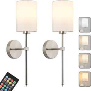 Battery Operated Wall Sconces Set of Two,Wireless Rechargeable Wall Light With Remote Control, Dimmable, Amber Light/Warm White/Natural White/Daylight/RGB,Timer,for Living Room,Bedroom,Entryway,Nickel (20.6 Inch)