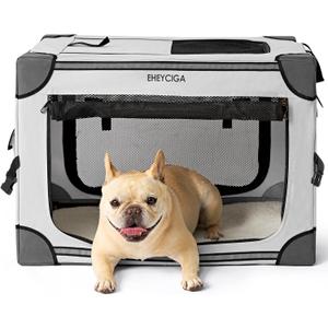 EHEYCIGA Portable Dog Travel Crate 26 Inches, Collapsible Dog Crate for Small Dogs, Soft Foldable Dog Kennel with 4-Door Mesh Windows Indoor & Outside, Grey