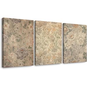 Vintage Flower Wall Art Decor Beige Floral Canvas Wall Art Botanical Rustic Pictures Prints Farmhouse Antique Painting Vintage Flower Poster for Living Room Bedroom 16x24 Inch Wrapped Canvas Set of 3
