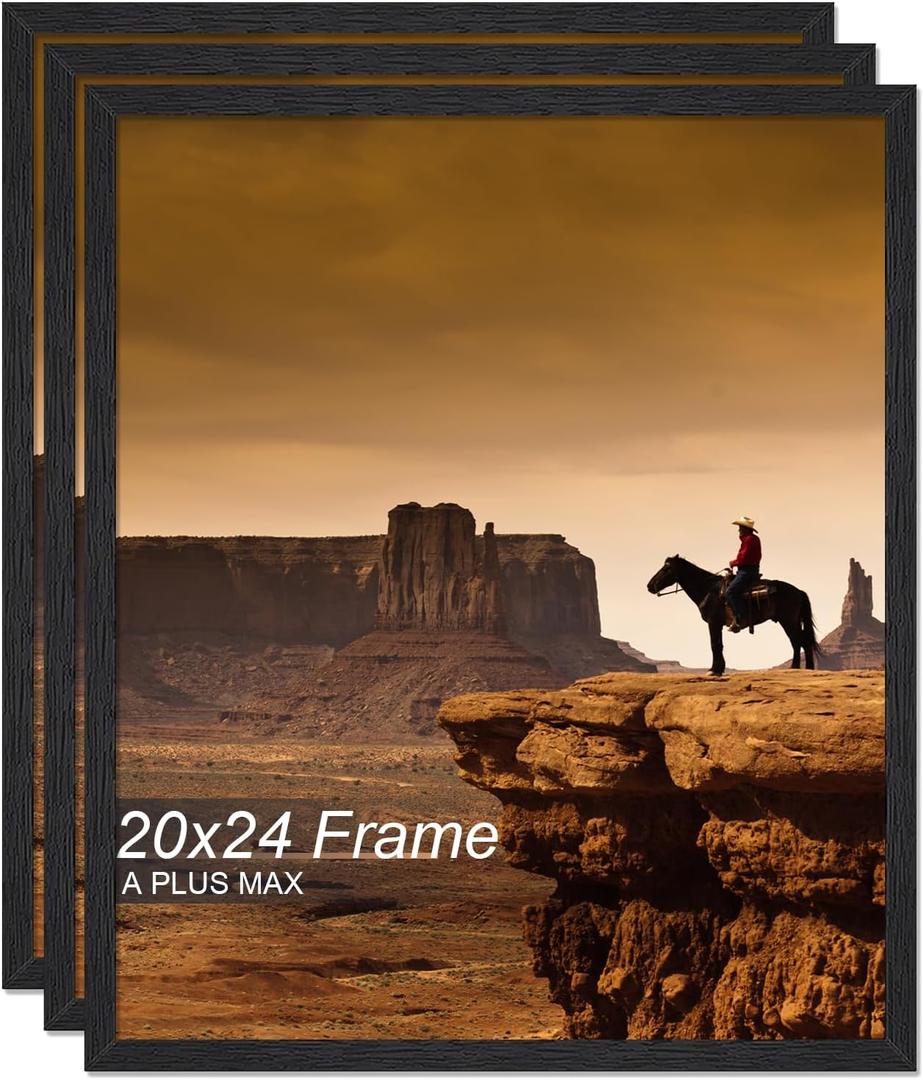 A PLUS MAX 20x24 Picture Frame Set of 3, Black Engineered Wood Frame for 20 x 24 Inch Picture Poster Photo, Light Weight 20 by 24 Frame with Wood-grain for Wall - 3 Pack/Black/20 x24
