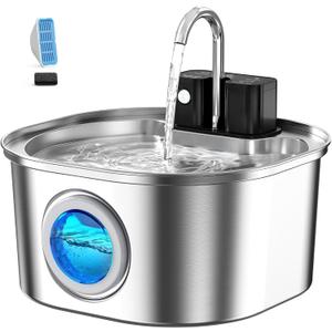 Voluas Stainless Steel Cat Water Fountain: 108oz/3.2L Wireless Cat Fountain Battery Operated for Drinking Indoor, Automatic Pet Water Dispenser Bowl with Ultra Quiet Pump, Easy Clean BPA-Free, 1Filter