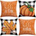 Pack Of 2 Artscope Fall Decorative Throw Pillow Covers 20x20 Inch Set of 4 Fall Gifts for Home Decor, Buffalo Plaid Autumn Pumpkin Maple Leaves Harvest Decoration Pillow Cases for Home Sofa Couch Decor-Orange A