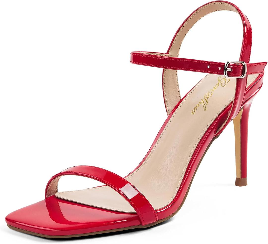 GENSHUO Womens Strappy High Heeled Sandals 3 Inch Square Open Toe Stiletto Heels Slingback Shoes with Ankle Strap for Wedding Party Chic and Sexy