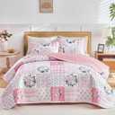 Joyreap 3 Pieces Floral Patchwork Quilt Set Queen, Pink n White Flowers Design, Soft n Cozy Microfiber Quilt, Bedspread Bed Cover for All Season, 1 Quilt and 2 Pillow Shams- 90x90 inches