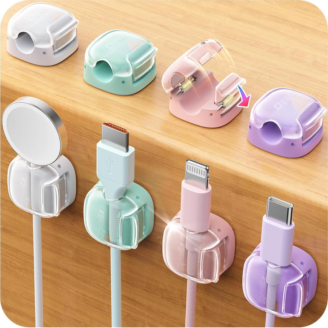 Cable Clips,8 Pack Cord Holder Cord Organizer [1s Lock & Strongest Adhesive] Spring Cord Clips Phone Charger Wire Desk Cable Management Nightstand Home Office School Decor Women Cute Desk Accessories (Pink/Green/Purple/White)
