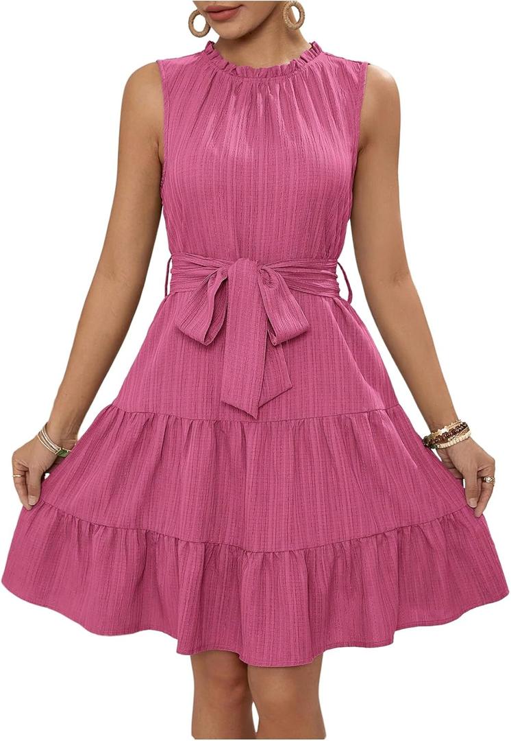 Milumia Women's Frill Mock Neck Sleeveless Dress Belted Tiered Ruffle Hem Summer Short Dresses (Pink, M)