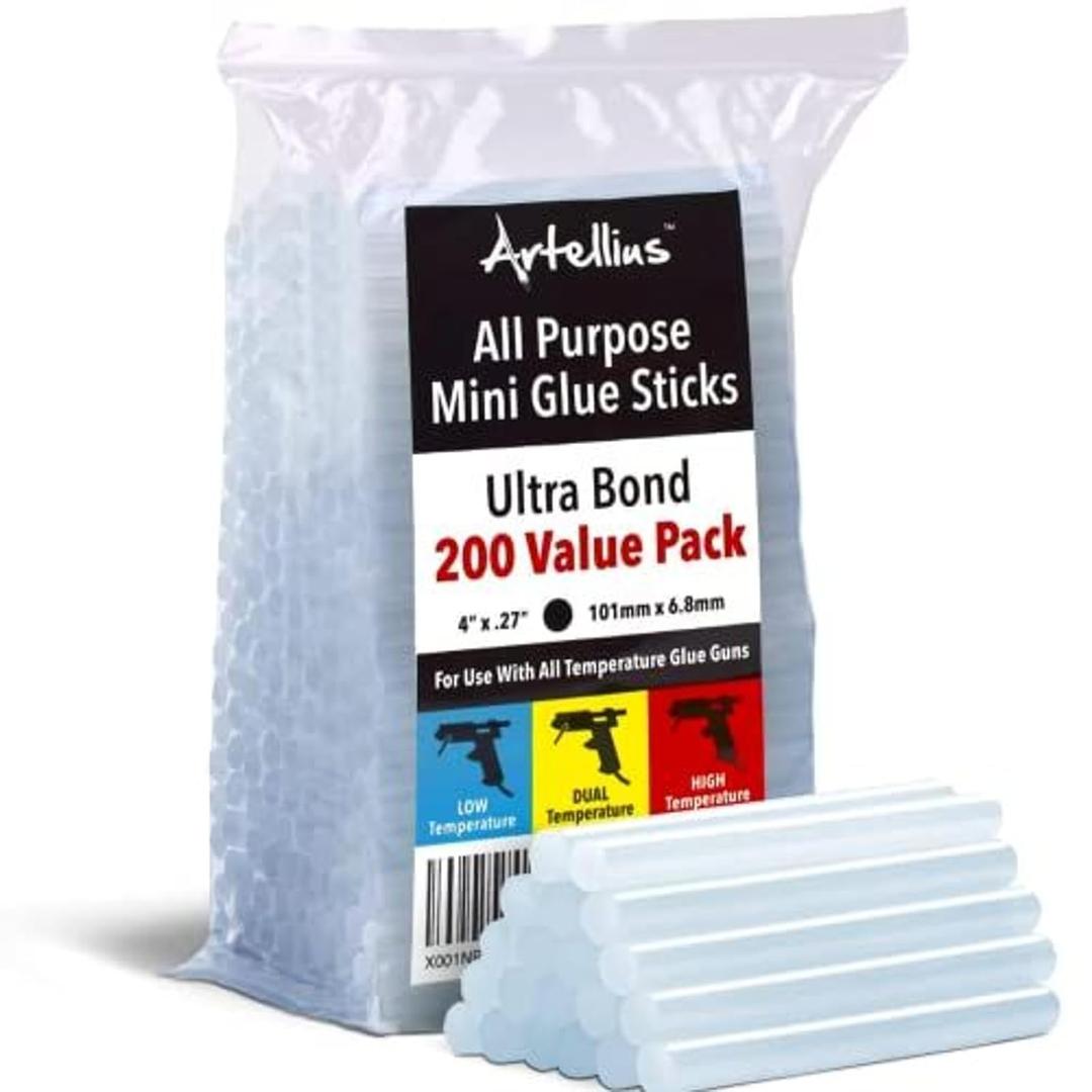 Artellius Mini Hot Glue Sticks 4" and 0.27 Diameter - Compatible with Most Glue Guns (Huge Bulk Pack of 200)