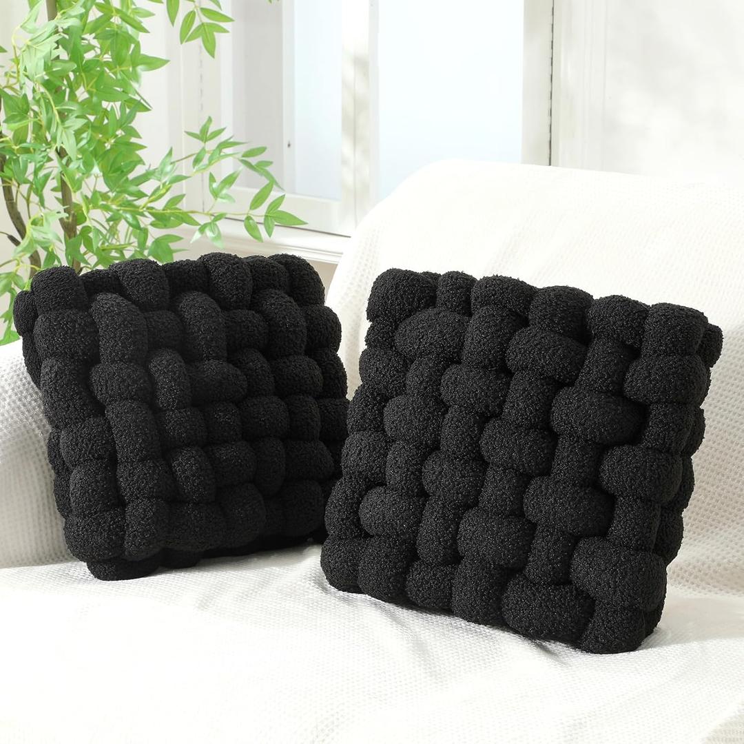 Wenqik 2 Pcs Knot Pillows Square Knotted Plush Throws Soft Accent Pillows Decoration Cushion for Couch Home Office Living Room Bedroom Bed Sofa Decor, 12'' x 13''(Black, Lambswool)