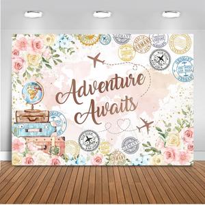 Mocsicka Adventure Awaits Backdrop Pink Floral Let The Adventure Begin Party Decorations Photo Backdrops World Map Global Travel Airplane Birthday Bridal Shower Photography Background (7x5ft)