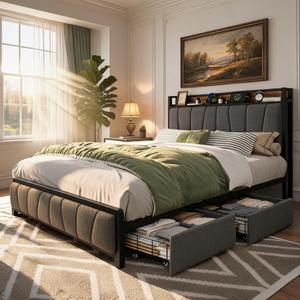 Garvee Queen Bed Frame with 2 Drawers, Upholstered Headboard with Storage and Charging Station, LED Lights, Under Bed Storage, No Box Spring Needed, Easy Assembly, Light Grey