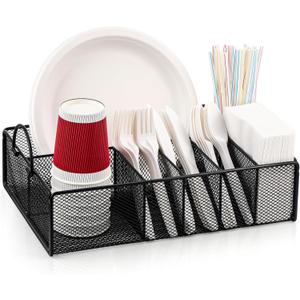 Utensil Caddy with Handle, Metal Paper Plate Holder for Kitchen Counter, Silverware Cutlery Caddy Organizer Flatware Storage for Plastic Spoon Fork Plates Napkins Cup Party Camping Black