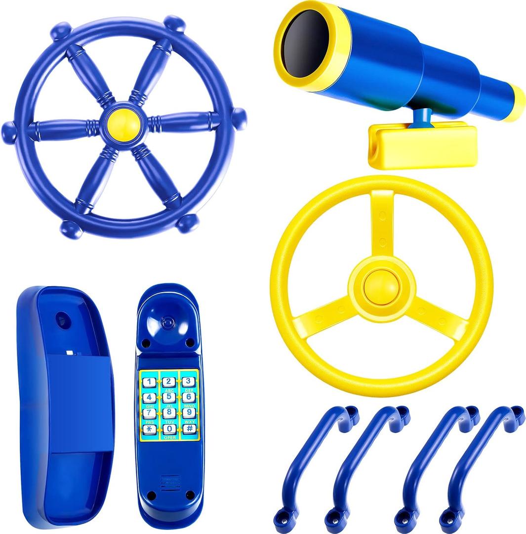 Playground Accessories Backyard Pirate Plastic Ship Playset Plastic Playground Equipment Set with Ship Wheel, Telescope, Safety Handlestoy Phone for Outdoor Playhouse Treehouse Playset(Blue, Yellow)