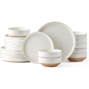 AmorArc Ceramic Dinnerware Sets for 8, 24 Pieces Handpainted Plates and Bowls Set with Rustic Terracotta Underside, Scratch Resistant Stoneware Dishes Set, Dishwasher & Microwave Safe, Light Beige (Service for 8)