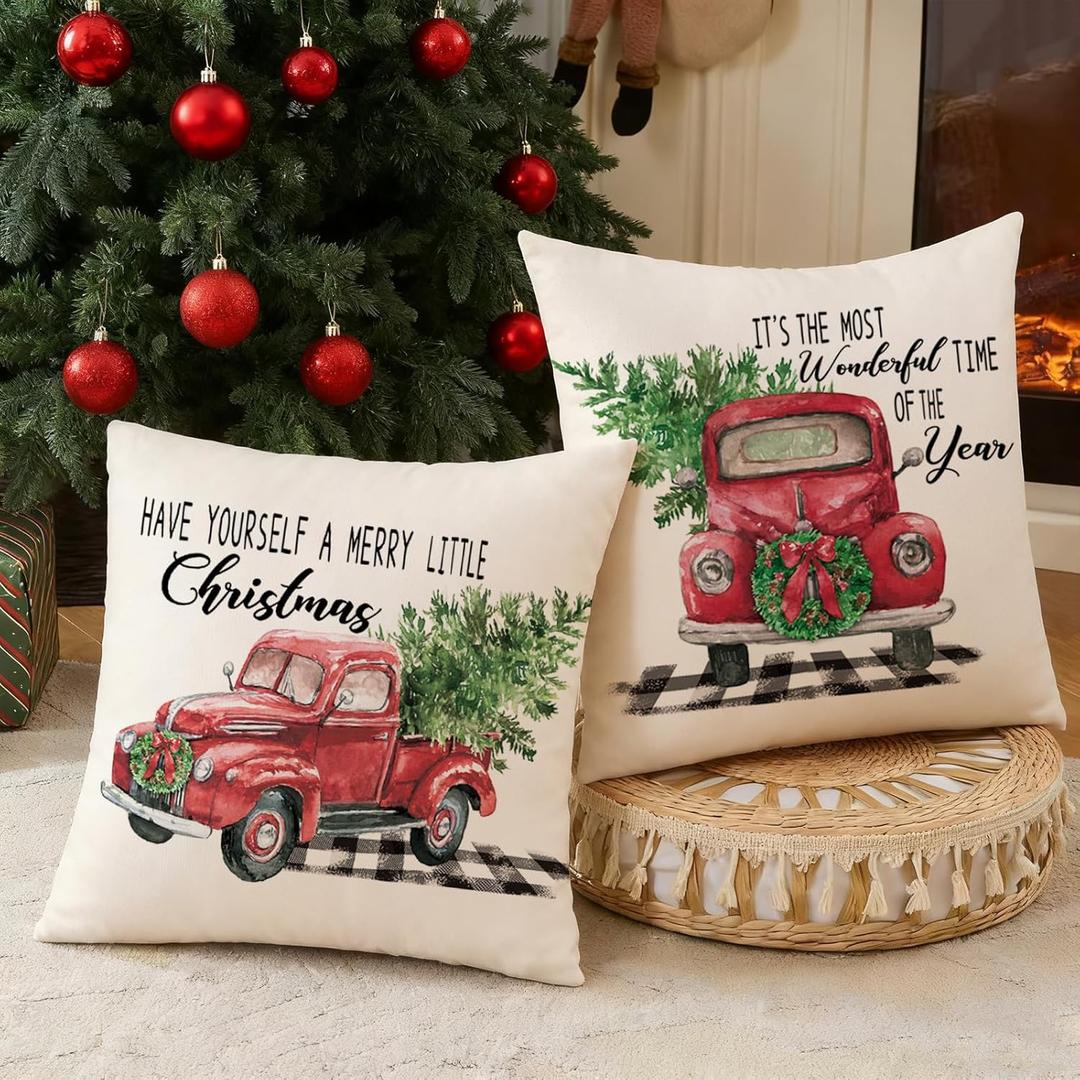 CARRIE HOME Christmas Decorative Throw Pillow Covers 16x16 Set of 2 Farmhouse Christmas Red Truck Decor, 16 x 16 Winter Holiday Pillows for Couch and Sofa (No Pillow Inserts)