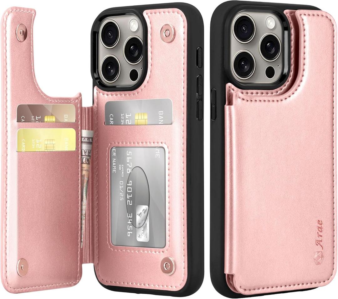 Arae Compatible for iPhone 15 Pro Max Case with Card Holder - Wallet Case with PU Leather Card Pockets Back Flip Cover for iPhone 15 Pro Max 6.7 inch - Rose Gold