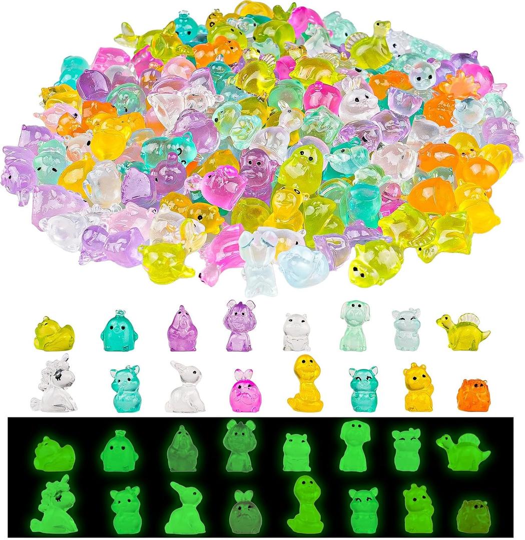 Diinokiy 200Pcs Luminous Mini Resin Animals to Hide Tiny Creatures Glow in The Dark for Miniature Fairy Garden Decor Accessories Micro Landscape Aquarium Duck Dinosaur Rabbit Flamingo Owls Marine