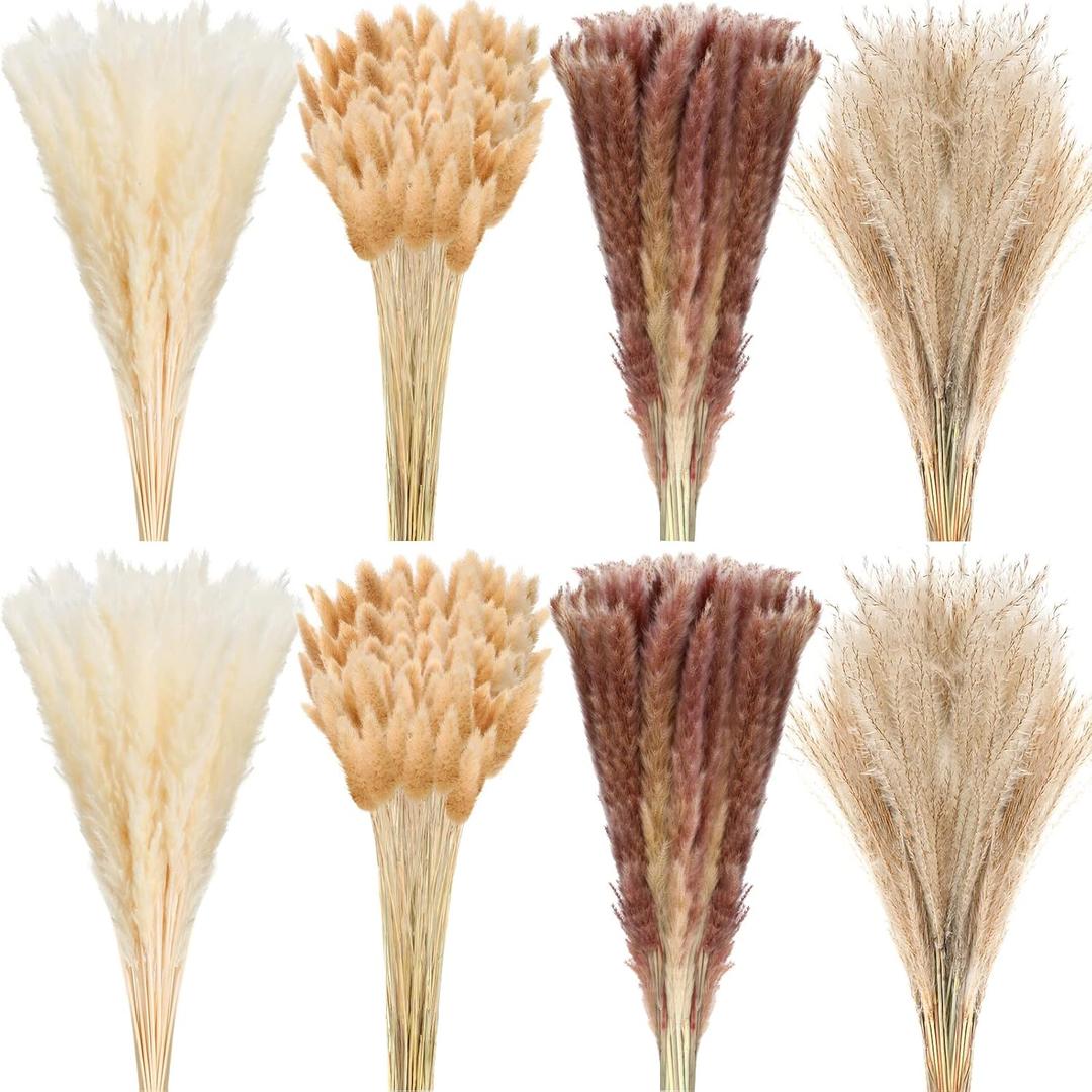 400 Pcs Dried Pampas Grass Decor Bulk 17 Inch White Dried Reed Grass Bunny Tails Dried Flowers Natural Fluffy Reed Grass Pampas Grass Brown White Pampas for Boho Home Table Party Wedding Decorations