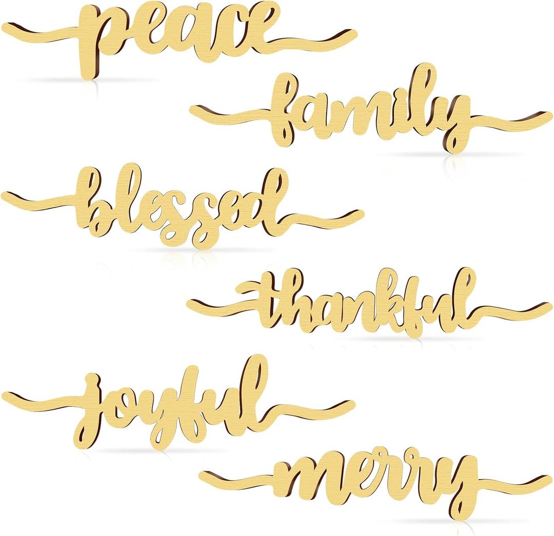 12 Pieces Christmas Thankful Blessed Merry Joyful Peace Family Wood Cutout Rustic Thankful Plate Letter Sign Decor Inspirational Letter Wood Sign for Home Table Plates Table (Natural Color)