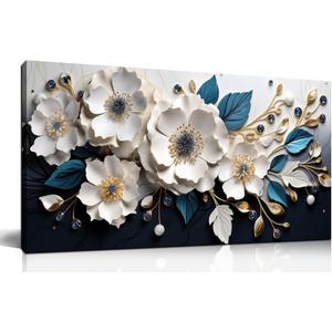 Large Canvas Wall Art for Living Room Bedroom Home Office White and Blue Floral Wall Art Botanical Picture Modern Framed Artwork Flower Canvas Prints 20x40 In