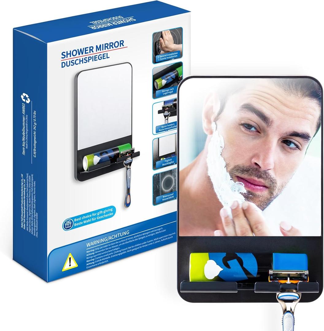 TAILI Shower Mirror Fogless for Shaving, Shaving Mirror for Shower with Razor Holder Hook, Anti Fog Mirror with Strong Suction, Removable, Bathroom & Shower Accessories, Black (10.3"L x 6.4"W)