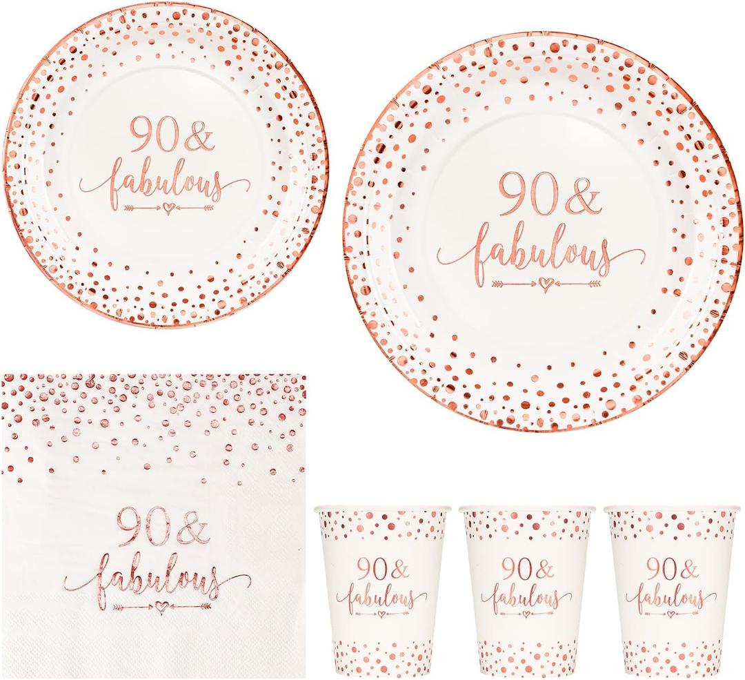 Crisky Rose Gold Foil 90 Fabulous Napkins Plates Cups Set for Women 90th Birthday Party Decorations Supplies, Disposable Tableware Set of 24 (9" Plates, 7" Plates, Luncheon Napkins, 9oz Cups) (Regular)