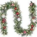 Valery Madelyn 9 Ft Pre-Lit Christmas Garland with Lights for Mantle, Lighted Outdoor Xmas Garland with Red Green White Balls Norfolk Pine for Stairs Fireplace Table Centerpiece Indoor Holiday Decor