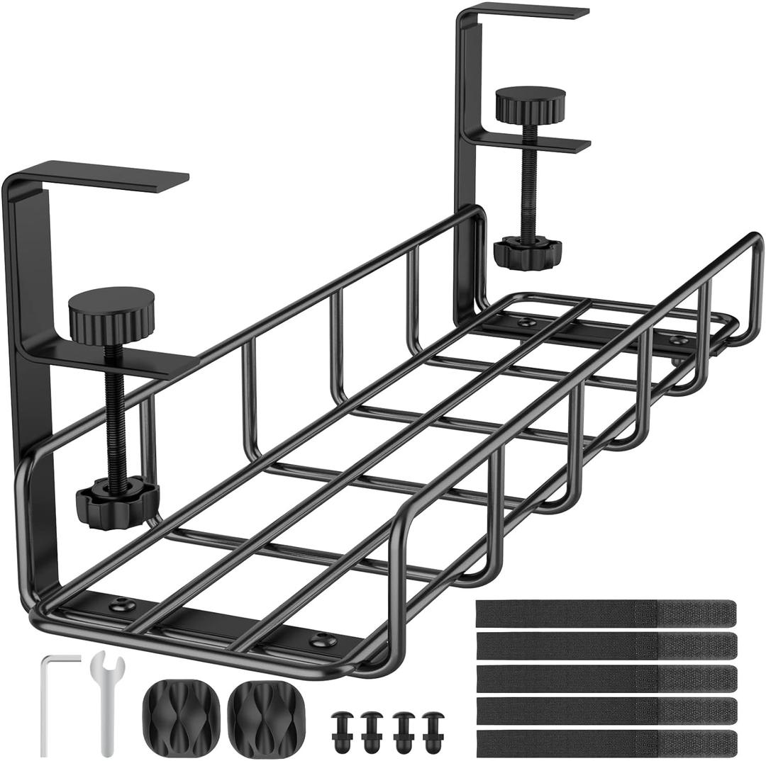 15.7 Under Desk Cable Management Tray, No Drill Steel Cable Tray Organizers, Wire Management Tray Cable Rack with Clamp Mount, Metal Under Desk Tray with Wire and Cord Organizer (Black, 1 Pack)