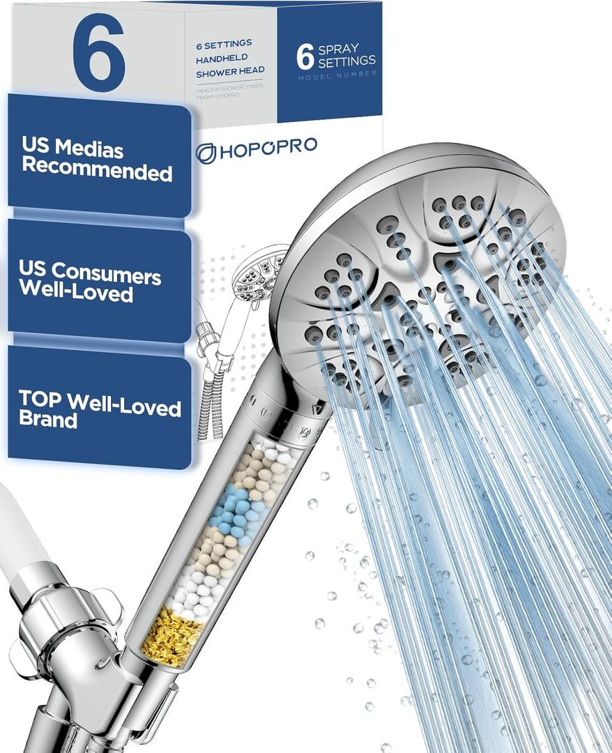6-Mode High Pressure Handheld Shower Head with Filter, HOPOPRO High Flow Filtered Handheld Showerhead, Water Softener Filters for Hard Water - Removes Chlorine - Improves Skin Hair Condition (Chrome)
