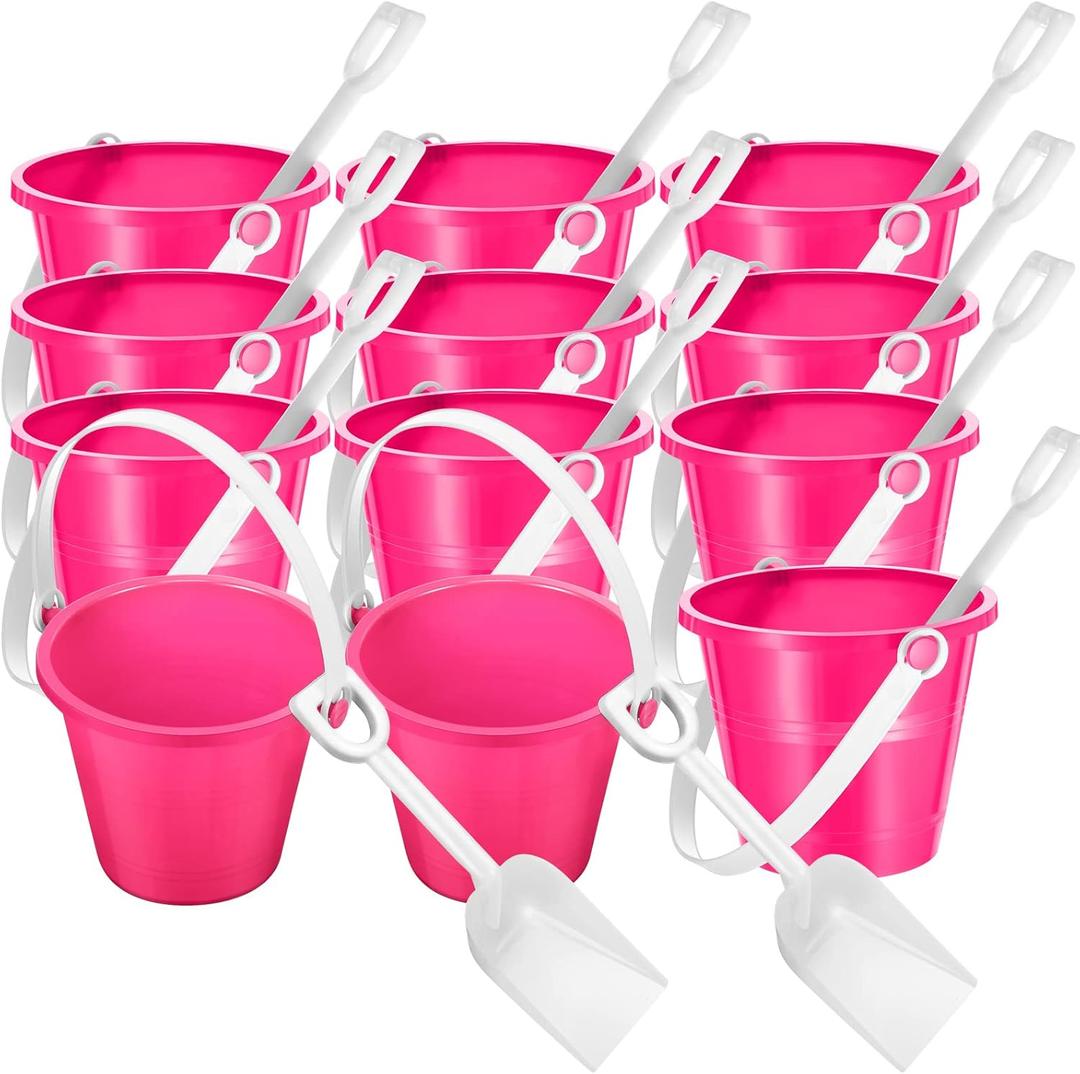 12 Pack 4 Inch Beach Buckets and Shovels for Kids Sand Pails Plastic Sand Buckets Bulk Small Toy Pails at The Beach, Use for Toddlers Little Guys(Hot Pink)