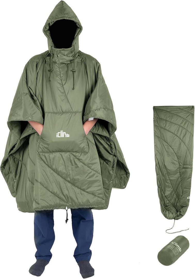 iClimb Hooded 3M Thinsulate Insulation Warm Camping Blanket Wearable Poncho Ultralight Compact (78  57, 1.5 lb, Green)