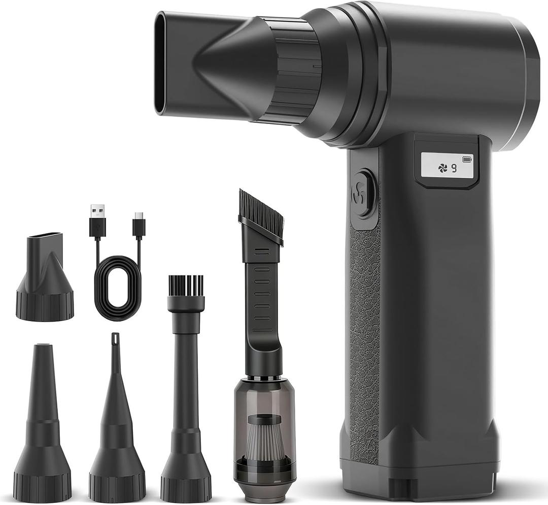 Electric Compressed Air Duster, 300,000RPM Cordless Air Blower for Dust Removal, Duster/Vacuum 2-in-1 with 10 Speeds, 20000mAh Rechargeable & 5 Nozzles Dust Blower for PC, Keyboard, Car, Outdoor (Matte Black)