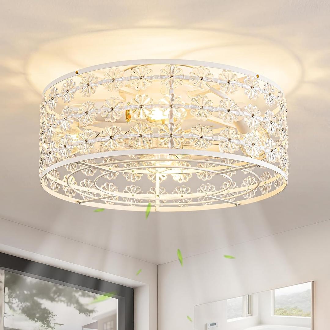 White Caged Ceiling Fan with Light and Remote, Modern Romantic Flower Crystal Ceiling Fans with Lights, Flush Mount Low Profile Fandelier, 6-Speed Reversible for Bedroom,Dining Room,Girls Room,Nursery, Medium