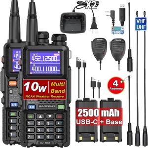 BAOFENG UV-5RM 10W Long Range Ham Radio Walkie Talkie with NOAA Weather Receiver 2500mAh Rechargeable Battery one-Key Frequency Copy Micphone Type-C Charging and Programming Cable (Gain Antenna) 2 Pac