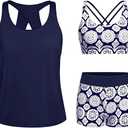 Tempt Me 3 Piece Swimsuit for Women Tankini Bathing Suit Modest High Neck Tank Tops Swimwear with Shorts, Small