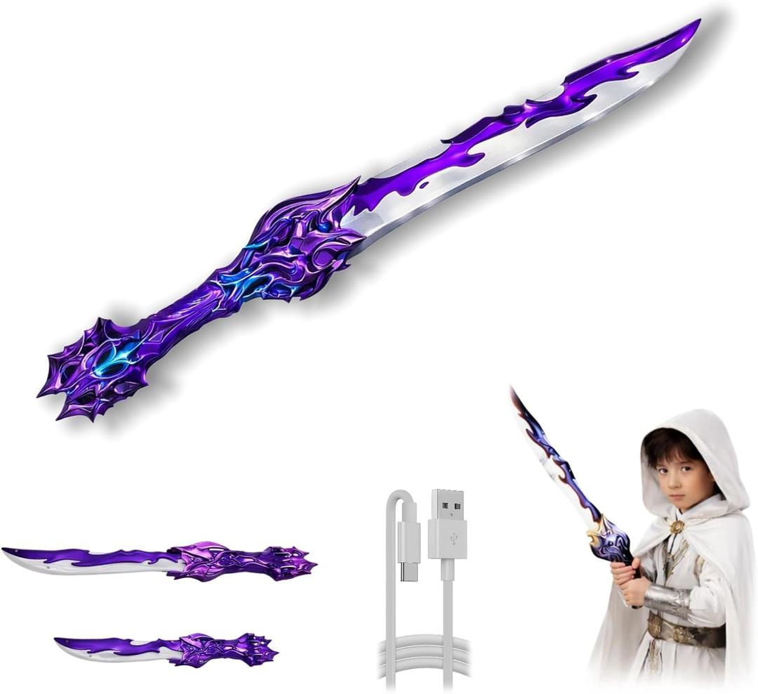 Light Up Toy Sword for Kids, Rechargeable Foldable Glow Sword with 7 Color Modes, Sound Effects, USB-C Charging, Fantasy Role Play Toy, Ages 6+