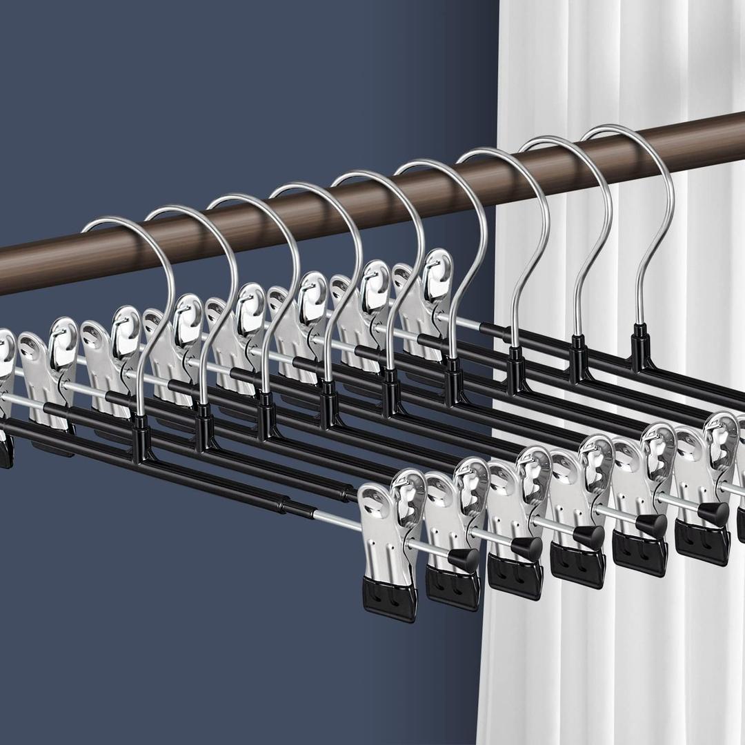 30PACK Pants Hangers with Clips Adjustable Skirt Hangers for Women Black Metal Non-Slip Trousers Hanger Heavy Duty Space Saving Clothes Hangers for Shorts,Jeans,12Inch (Black 30pack)