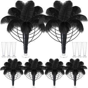 Yuxung 6 Sets Wedding Table Centerpiece Accessories Including 159 Pieces Natural Ostrich Feather Bulk Plastic Vases and Beads Necklaces for Wedding Home Party Centerpiece Supplies(Black)