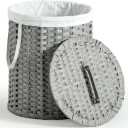 KUREEISE Laundry Basket with Lid, Handwoven Rattan Laundry Hamper, No Install Needed, 26.5 Gal (100L) Round Clothes Hamper with Removable Bag & Handles, Foldable Storage Basket