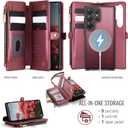 Defencase for Samsung Galaxy S22 Ultra Magnetic Wallet Case Compatible with Magsafe with RFID Blocking Zipper & Card Holder Women, PU Leather Detachable Phone Case for Galaxy S22 Ultra 6.8", Wine Red