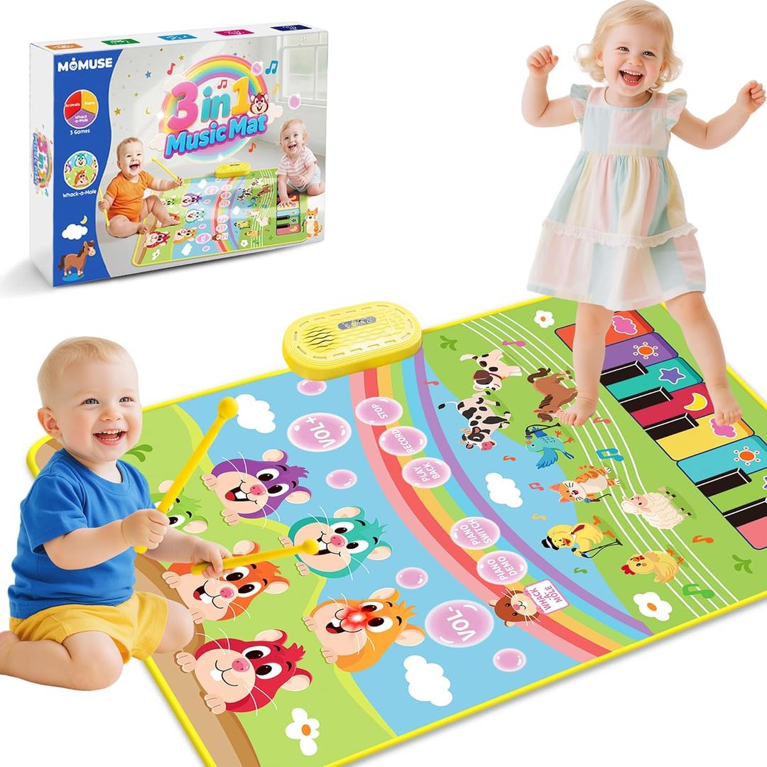 MOMUSE 3-in-1 Piano Music Mat for Kids, Whack-a-Mole Game Floor Play Mat with 30 Sound & Function Keys, Sensory Musical Toys for Baby Girls Boys Toddlers 1 2 3 4 5 6 Years Old