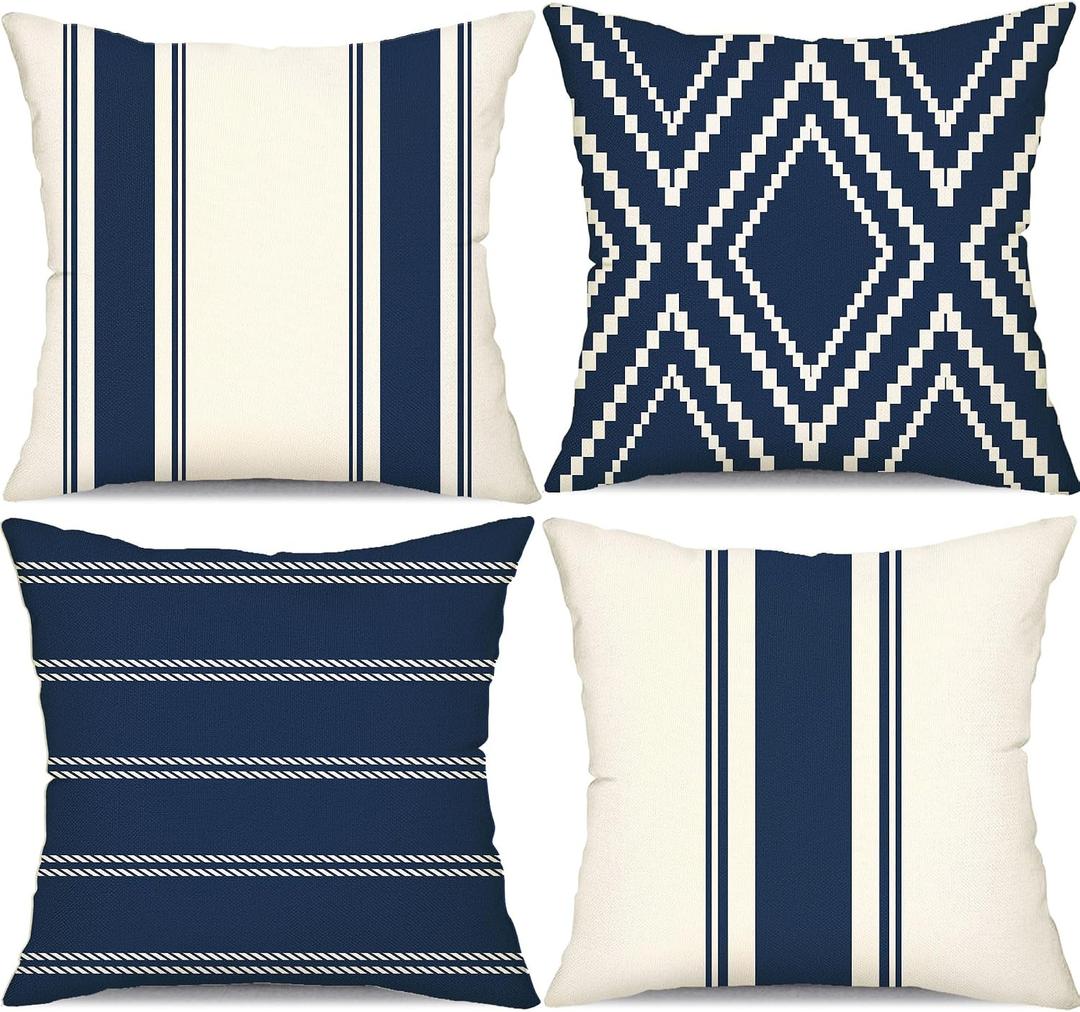 DFXSZ Outdoor Pillow Covers 18x18 Inch Set of 4 Navy Blue Waterproof Modern Geometry Throw Pillows Outdoor Summer Waterproof Decor for Patio Funiture Garden Polyester Cushion Covers 013N18