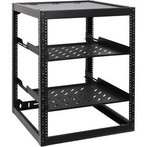 RackPath 16U Open Frame Network Rack with 2X 14in Vented 1U Shelves Rear Support, Wall Mount/Floor Standing Network Cabinet, Heavy Duty 150 lbs Capacity for IT & AV Gear, Audio and Video Device