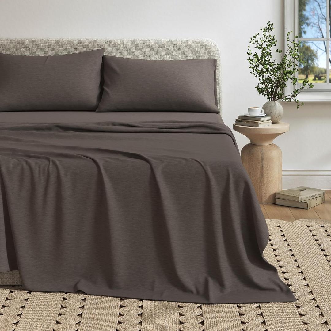 Great Bay Home Cotton Jersey Knit Queen Sheet Set - Ultra-Soft, Stretchy, Heathered Melange Bed Sheets - Cozy, Soft T-Shirt Sheet & Pillowcase Set (Charcoal)